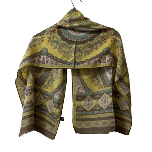 Auth ETRO - Yellow Light Brown Multi Wool Silk Scarf - Picture 2 of 7